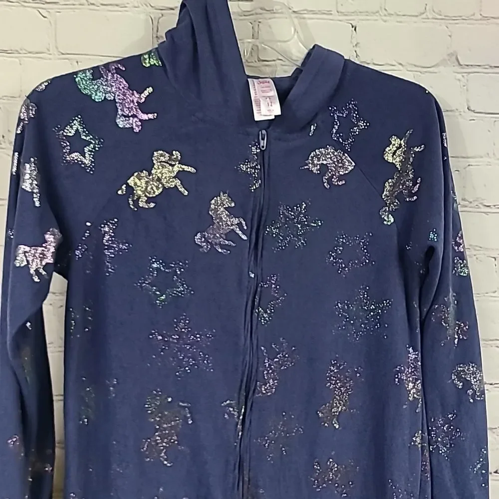 Justice Unicorn Hooded Onesie Girls 12 Navy Fleece Union Suit Footless Pajamas